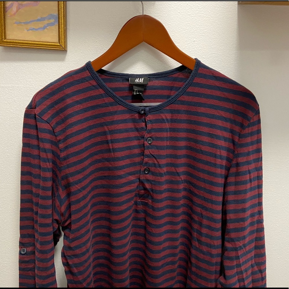 H&M French Style Striped Button Long- sleeve Tee